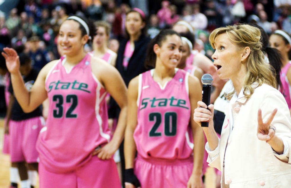 Headcoach Suzy Merchant thanks the first ever sold out crowd after her team defeated Michigan Sunday afternoon at Breslin Center. The Spartans took down the Wolverines 69-56. Matt Hallowell/The State News