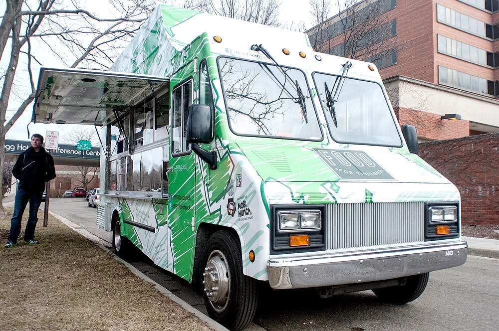 	<p>The Food for Thought food truck pictured on Tuesday, March 26, 2013, in front of Kellogg Center. This was the truck&#8217;s second day of serving food. Katie Stiefel/The State News</p>