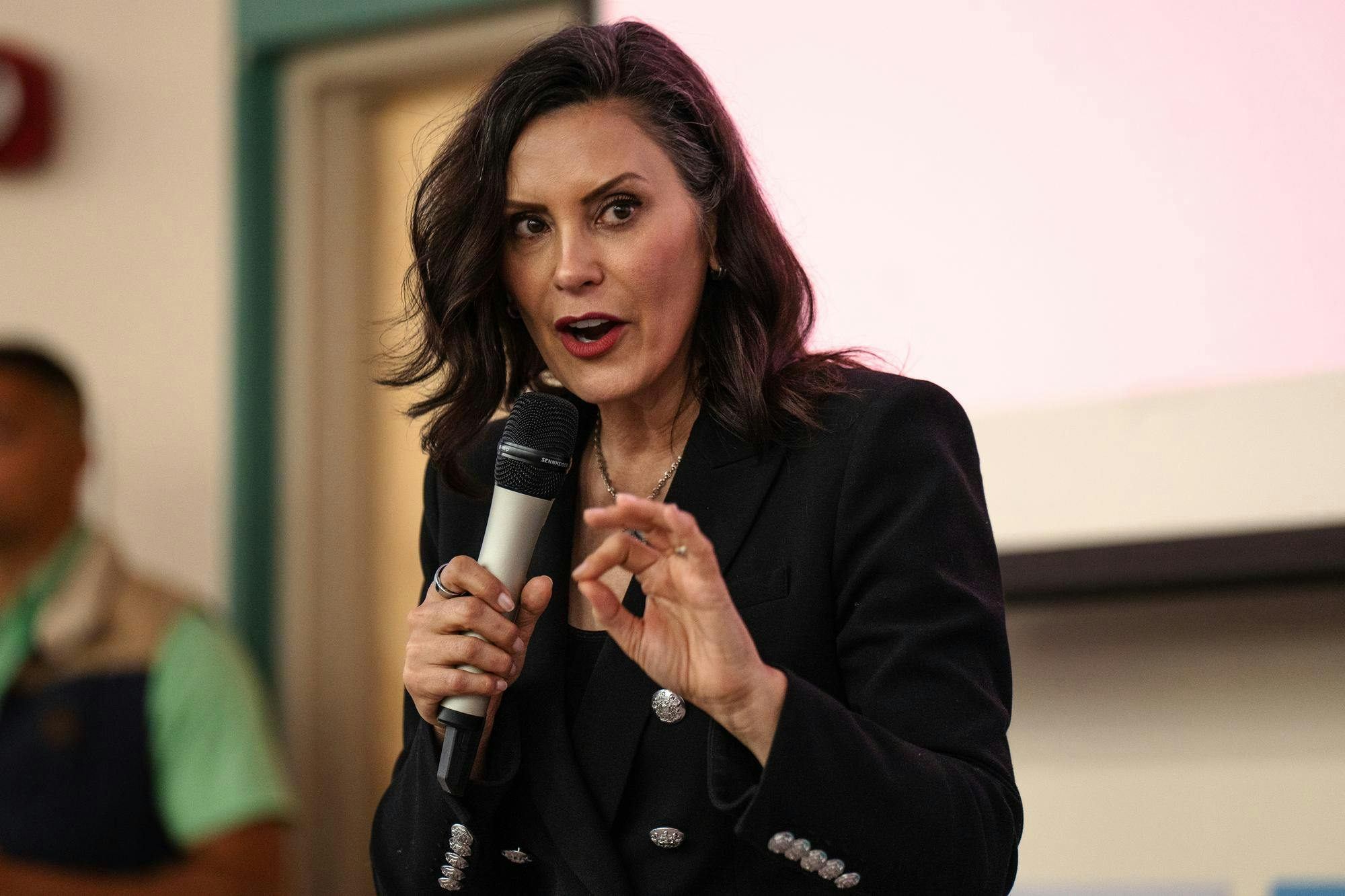 Michigan Gov. Gretchen Whitmer speaks to the College Democrats at MSU organization at the Vet Med building on Oct. 8, 2024. Whitmer encouraged students to vote and answered questions from the crowd.  