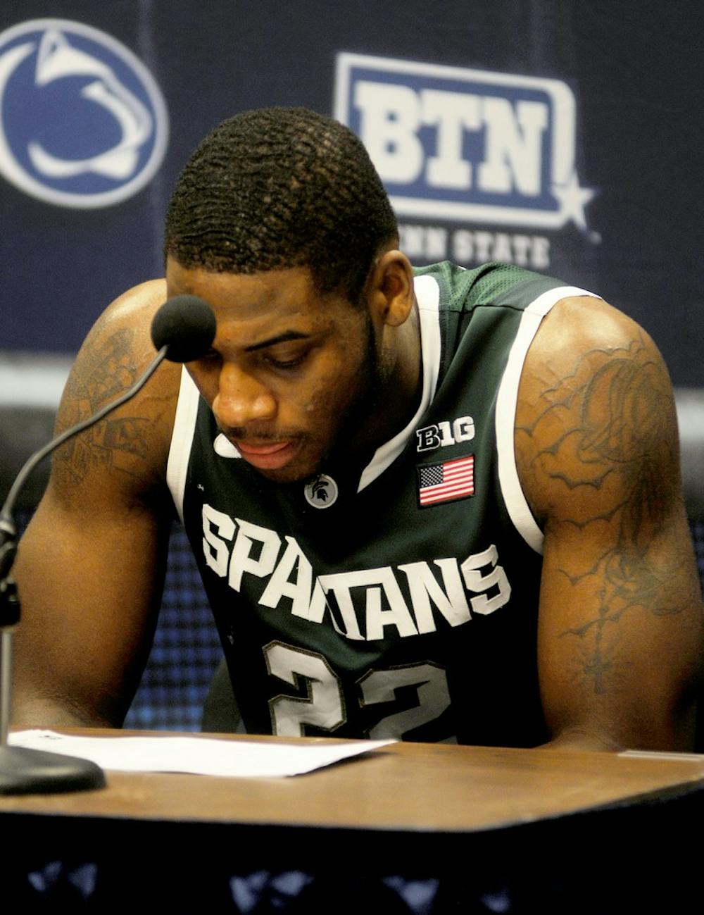 	<p>Sophomore Guard Branden Dawson looks down somberly during a post game press conference after being involved in a brawl with a fellow Michigan State player just hours before Wednesday&#8217;s game. Dawson and Adrien Payne, the other player involved, sat out the first half of the Spartans&#8217; 81-72 victory against Penn State. David Reiling/The Daily Collegian</p>