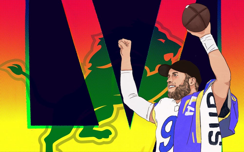 <p>Former Detroit Lions superstar Matthew Stafford is a Super Bowl champion. Image created by Daena Faustino.</p>