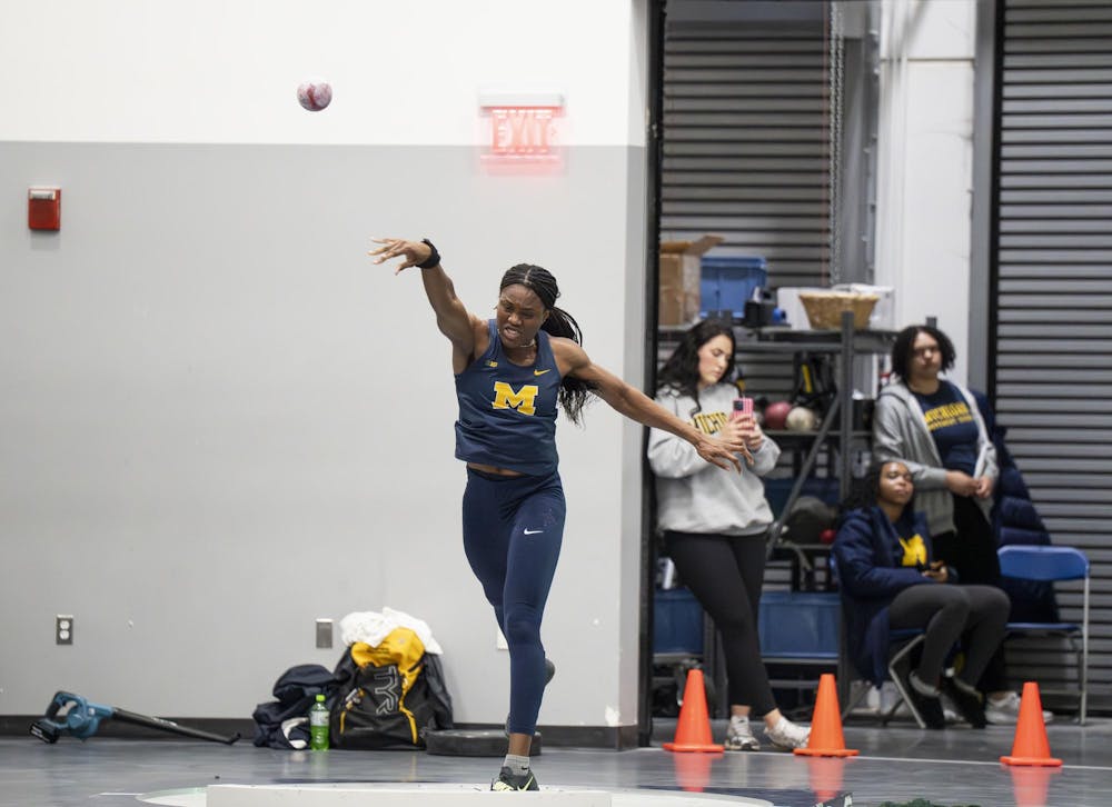 <p>A University of Michigan athlete performs a shot put at the Silverston Invitational track and field competition held in Ann Arbor, Mich. on Feb. 20, 2026.&nbsp;</p>