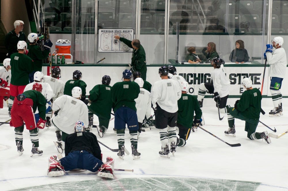 <p>Michigan State Hockey assistant coach Tom Newton draws out plays for professional hockey team alumni on Aug. 28, 2015, at Munn Ice Arena. Professional hockey players, who got their start as a Spartan, come back each year to scrimmage and reconnect. Kennedy Thatch/The State News</p>