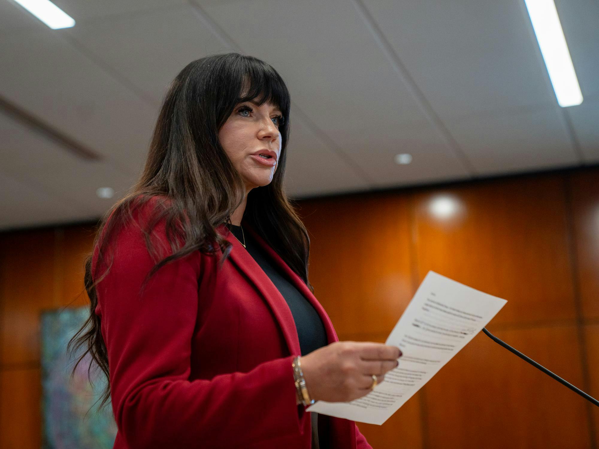 <p>Brenda Tracy speaks to the MSU Board of Trustees at Hannah Administration Building in East Lansing, Michigan on Friday, Oct. 31, 2025.</p>