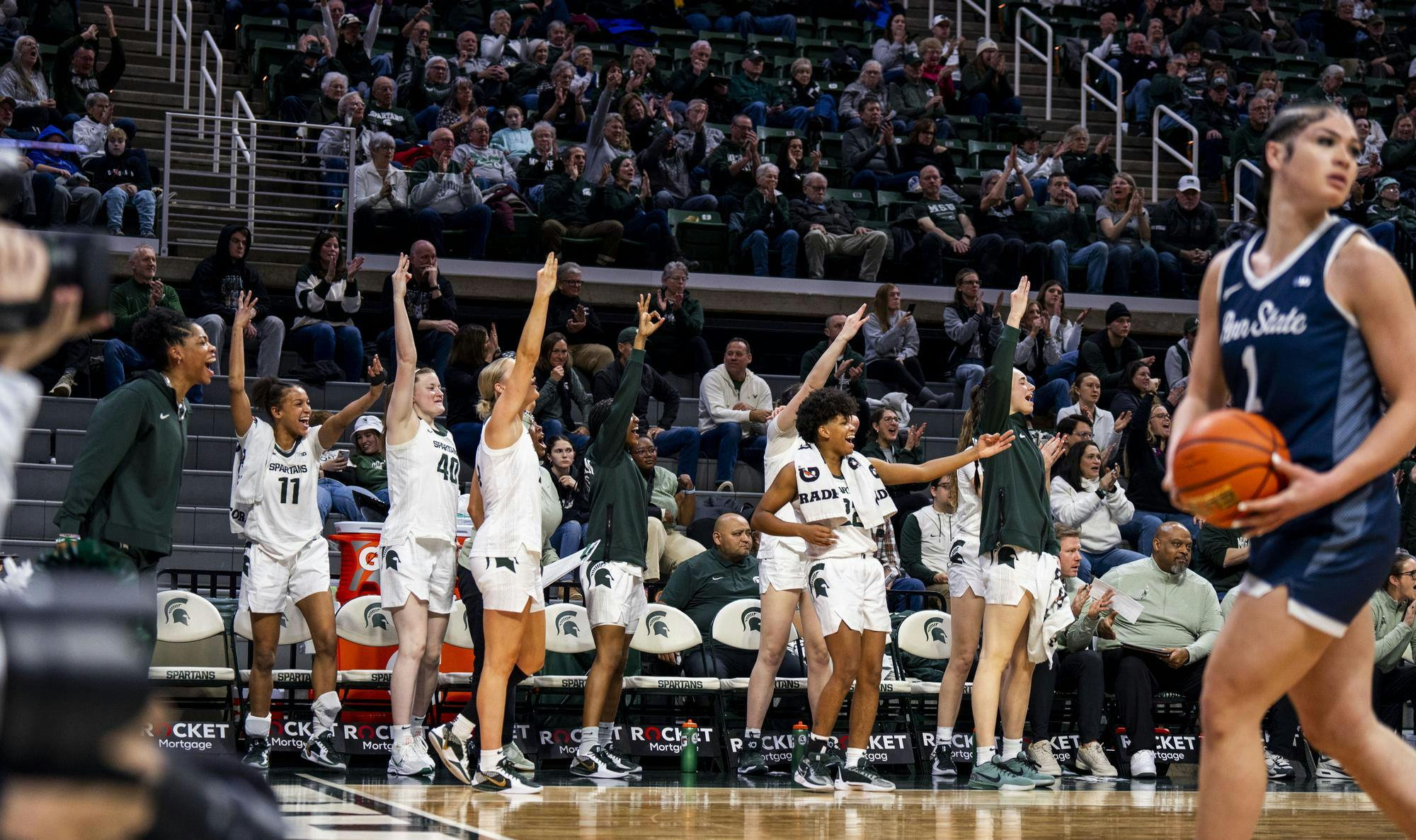 <p>The Michigan State women’s basketball team celebrates after scoring against Penn State at the Breslin Center on Jan. 22, 2025. The Spartans defeated the Nittany Lions 82-61.</p>
