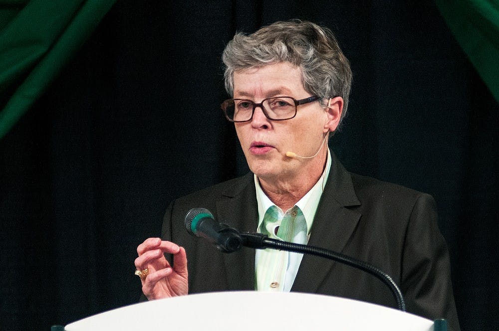 MSU President Lou Anna K. Simon speaks during the opening of the Bott Building for Nursing Education and Research on Friday. The building is three stories, over 50,000 square feet and connects to the existing Life Sciences Building. James Ristau/The State News