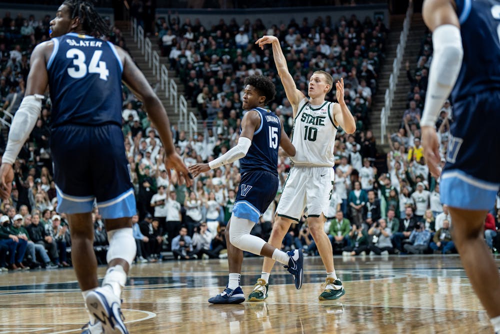 Graduate student forward Joey Hauser (10) shoots during a game against Villanova at the Breslin Center on Nov. 18, 2022. The Spartans defeated the Wildcats 73-71. 