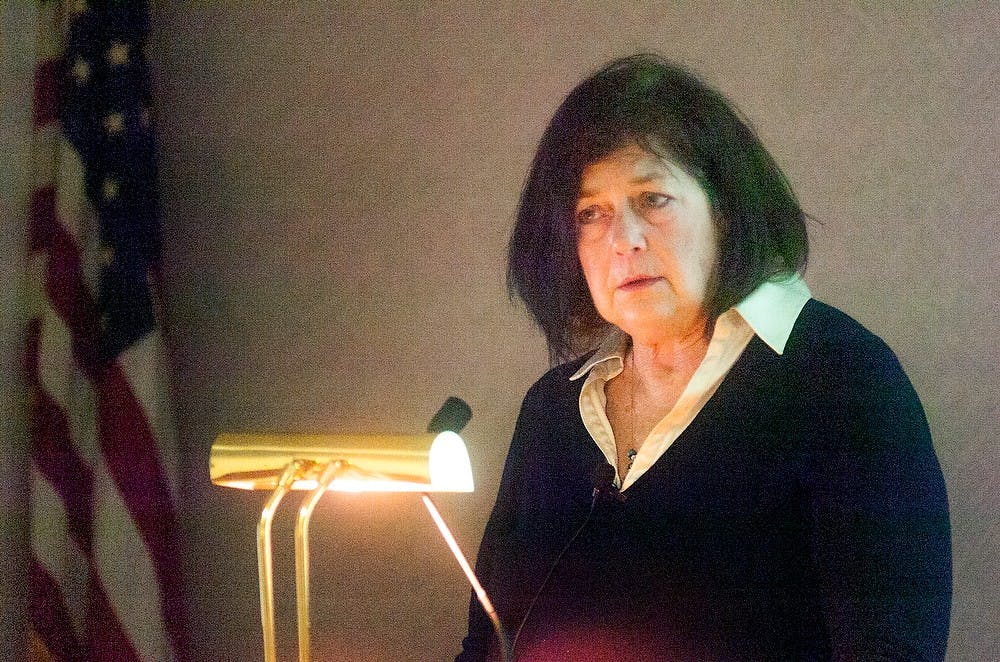 	<p>Marcia Haddad Ikonomopoulos, museum director at Kehila Kedosha Janina in New York City&#8217;s Lower East Side, speaks to community members Wednesday evening, at the Main Library. Ikonomopoulos is a leading authority on Romaniote Jewry and was lecturing in honor of the late Ada Finifter, a former professor at Michigan State University. Danyelle Morrow/The State News</p>