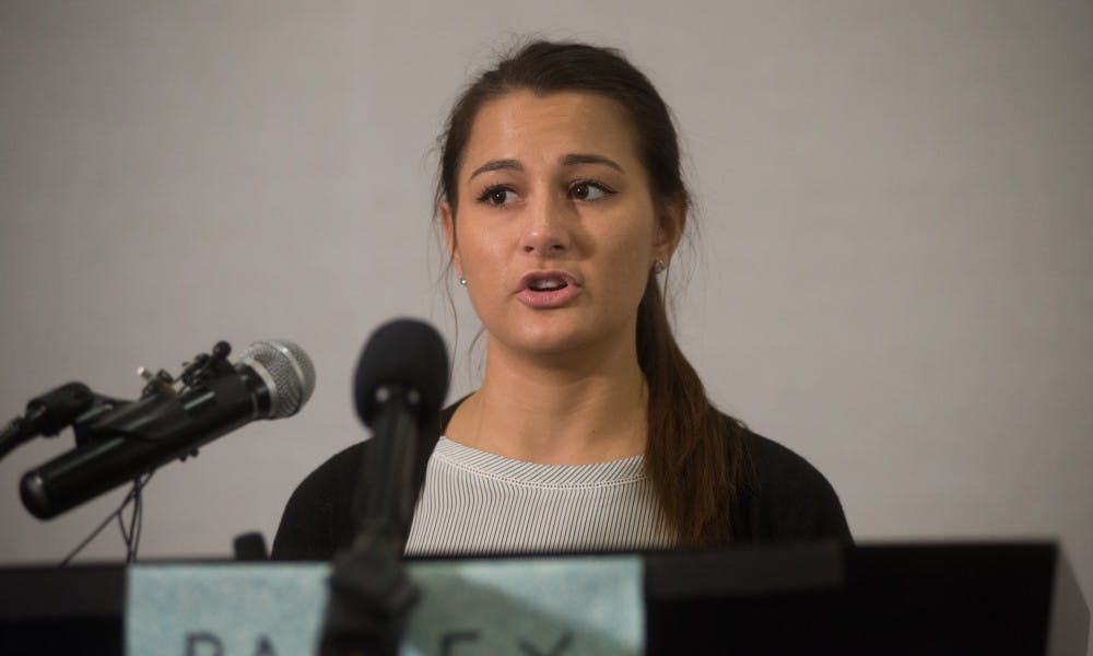 Bailey Kowalski is pictured during a news conference at the East Lansing Public Library April 11, 2019.