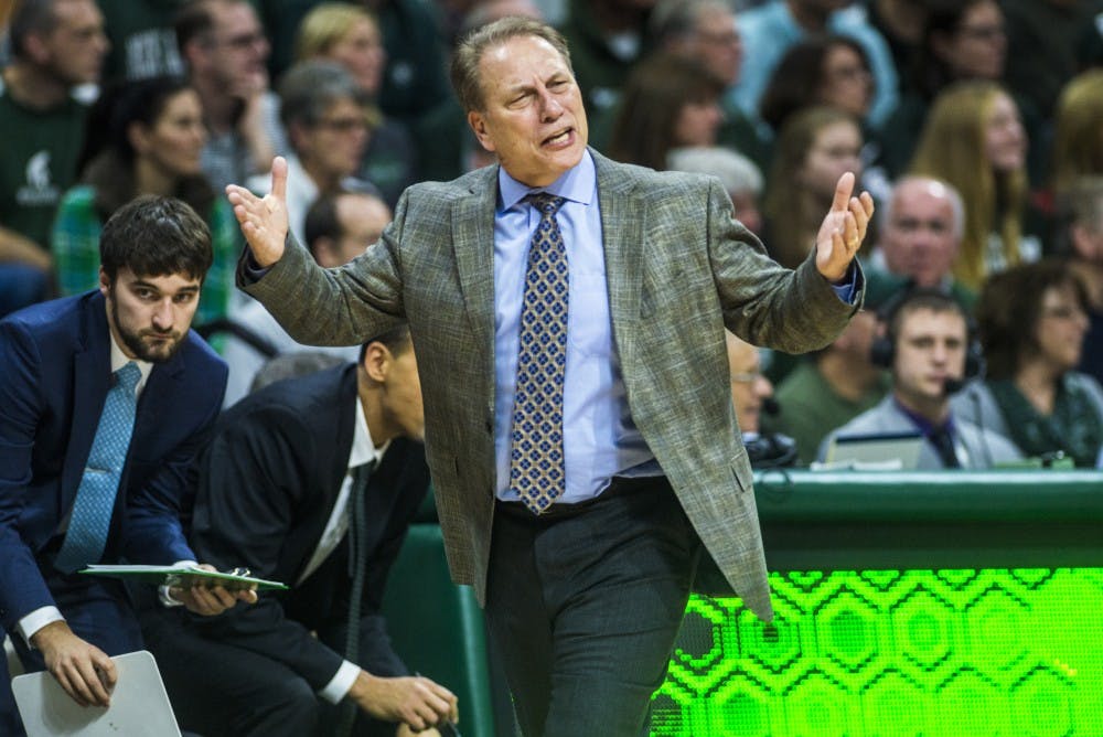 Head coach Tom Izzo shows emotion during the second half of the men's basketball game against Rutgers on Jan. 4, 2017 at Breslin Center. The Spartans defeated the Scarlet Knights, 93-65.