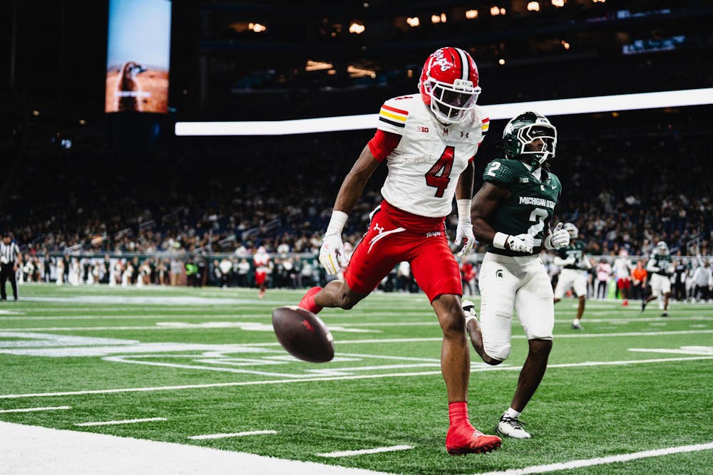 <p>Maryland senior wide receiver Shaleak Knotts (4) fumbles the ball at the Ford Field Stadium in Detroit, MI on Nov. 29, 2025.</p>