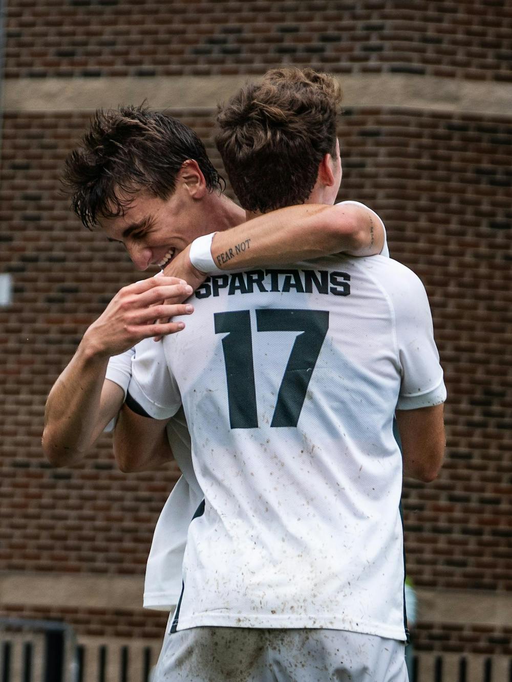 <p>MSU sophomore midfielder, Luke Spadafora (11) celebrates a goal with sophomore midfielder Peter Soudan (17) at DeMartin Soccer Stadium in East Lansing, Michigan on Sunday, Aug 30, 2026.</p>