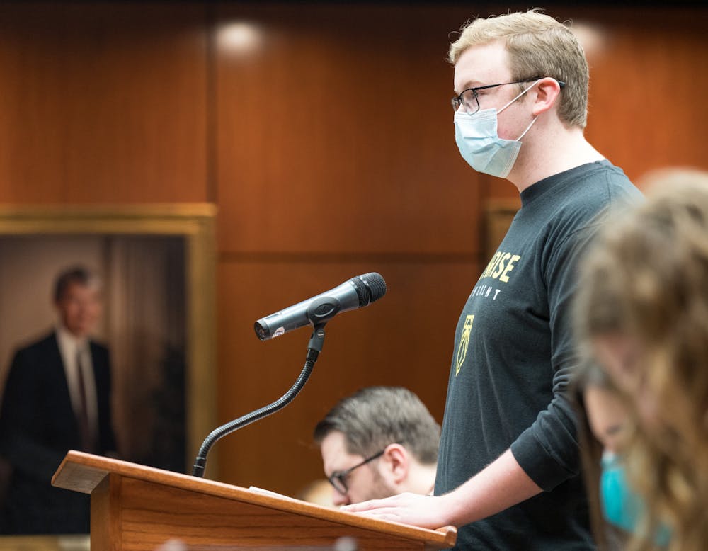 The Michigan State University Board of Trustees met in the Hannah Administration Building on April 22, 2022. Sunrise Movement Jesse Estrada White spoke out during public comment, discussing fossil fuel divestment.