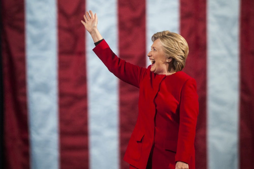 Democratic presidential nominee Hillary Clinton makes her appearance on Nov. 7, 2016 at the Grand Valley State University Fieldhouse in Allendale, Mich.