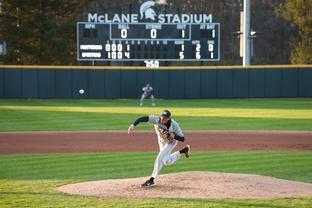 Purdue Fort Wayne graduate student pitcher Michael Madura (23) pitching to Michigan State in the bottom of the fourth. Michigan State won 7-4 against Purdue Fort Wayne at the McLane Stadium, on Apr. 27, 2022.