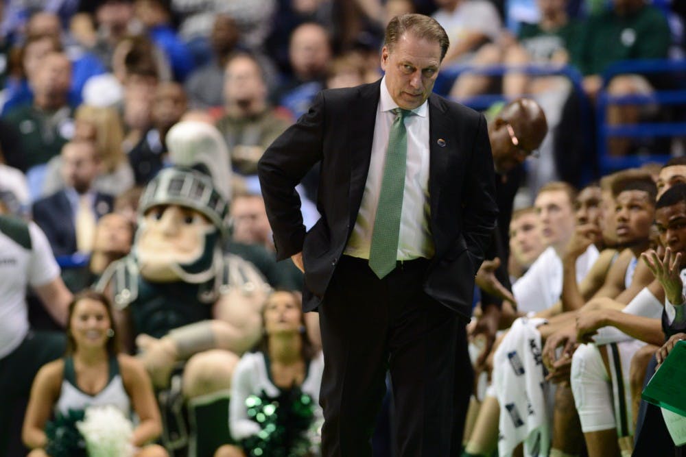 Head coach Tom Izzo watches the game during the game against Middle Tennessee State University on March 18, 2016 at Scottrade Center in St. Louis, Mo. The Spartans were defeated by the Raiders, 90-81.