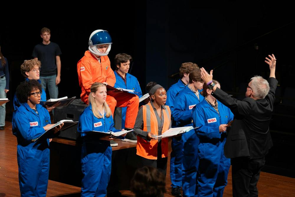 <p>Michigan State students, led by a conductor, rehearse for the upcoming production of "Discovery" at Wharton Center in East Lansing, Mich., on Tuesday, Sept. 22, 2026.</p>