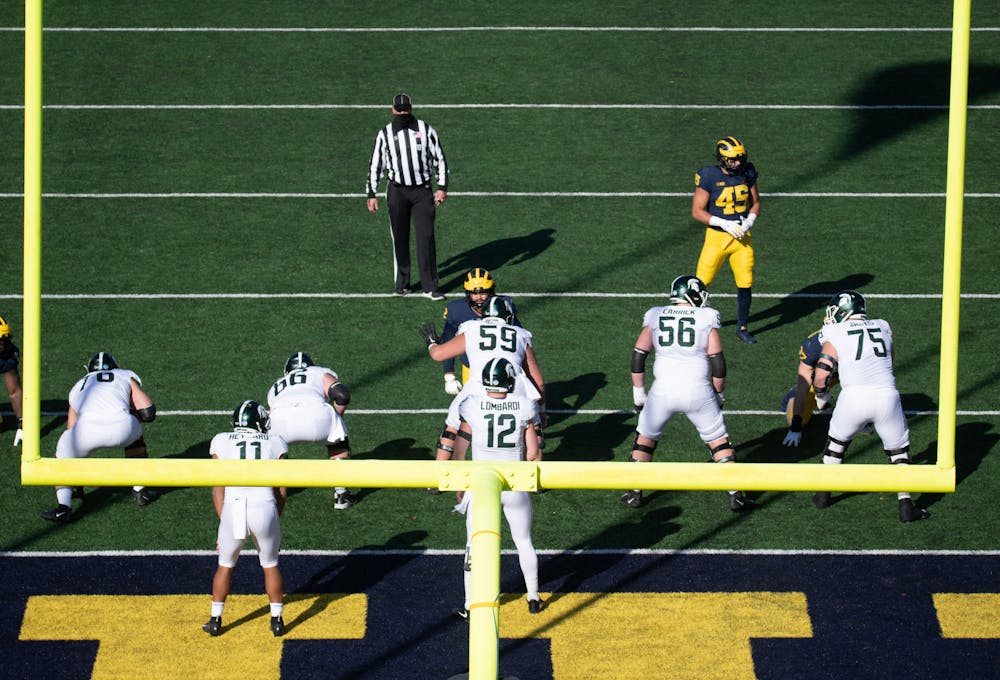 MSU regains possession near their own endzone in a game against U of M on Oct. 31, 2020.