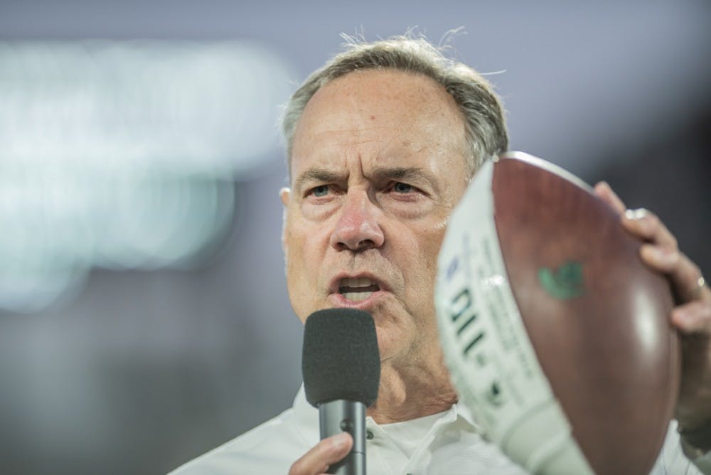 Head coach Mark Dantonio speaks to the crowd after being honored for his 110 wins after the homecoming game against Indiana on Sept. 28, 2019 at Spartan Stadium. The Spartans beat the Hoosiers, 40-31.