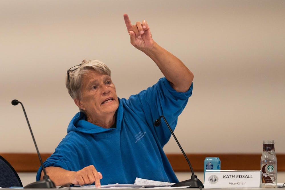 <p>Commission Vice-Chair Kath Edsall speaks at the East Lansing Independent Police Oversight Commission (ELIPOC) meeting at the Hannah Community Center in East Lansing, Mich., on Aug. 5, 2026.</p>