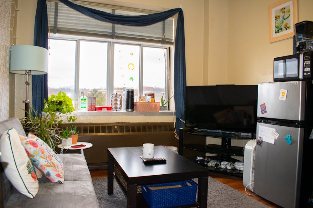 A quad style dorm room in Akers Hall