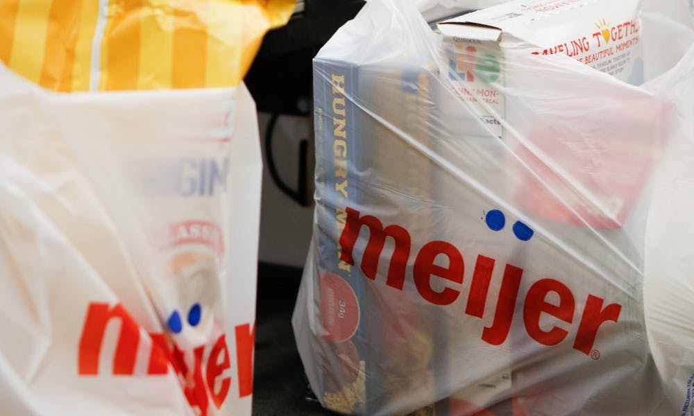 Meijer grocery bags are pictured at the Okemos Meijer March 26, 2019.