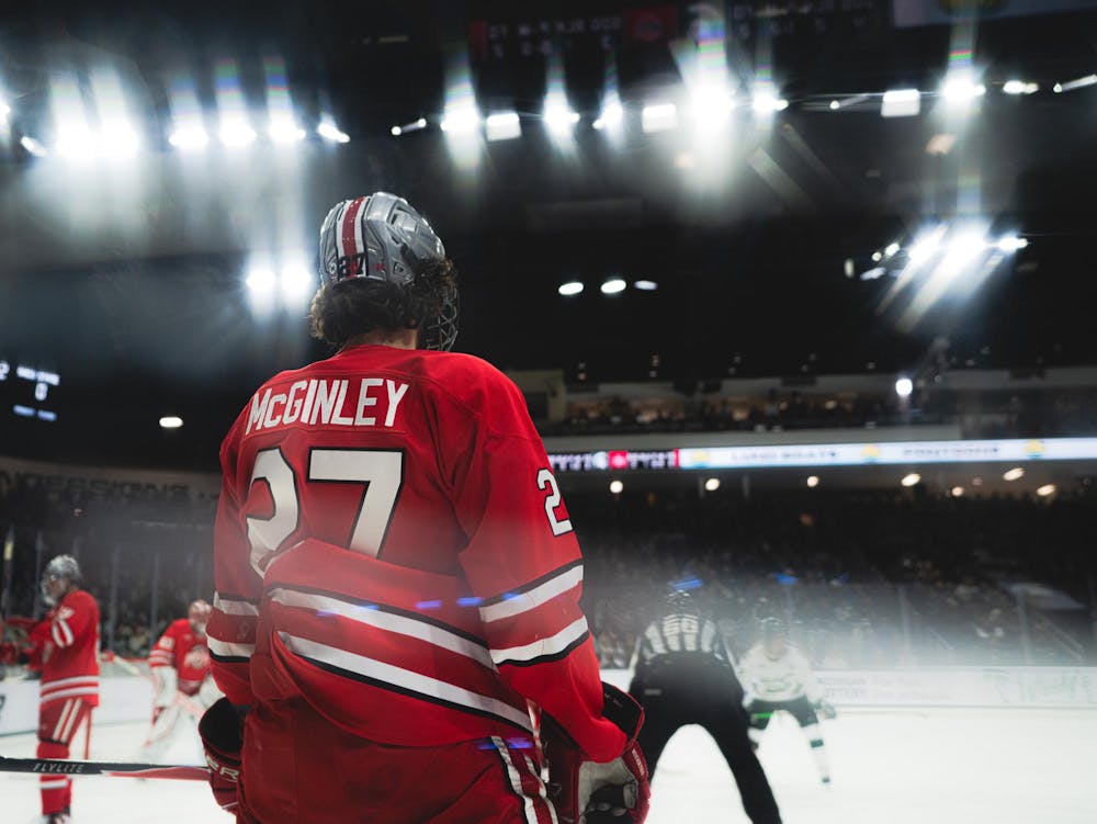 OSU junior defenseman Sam McGinley (27) stands still at the Munn Area in East Lansing, MI, on Feb. 27, 2026.
