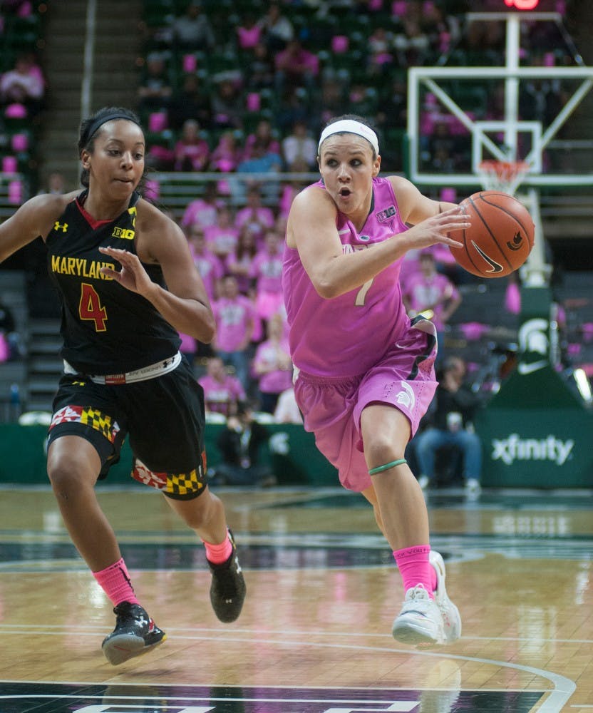 <p>Sophomore guard Tori Jankoska dribbles the ball down the court next to Maryland guard Lexie Brown Feb. 16, 2015, during the Play4Kay Breast Cancer Awareness game against Maryland at Breslin Center. The Spartans were defeated by the Terrapins, 75-69. Hannah Levy/The State News</p>