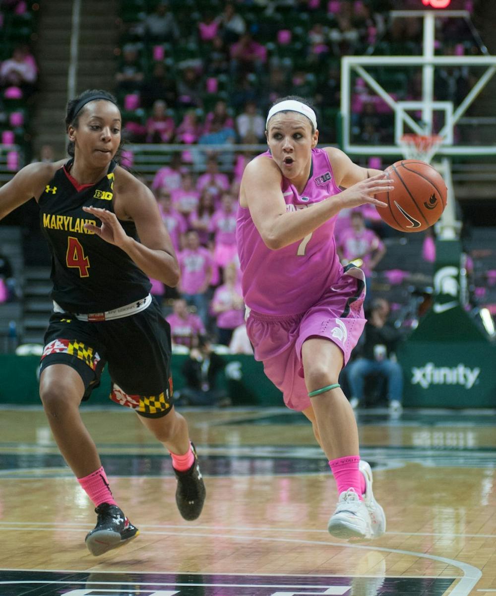 <p>Sophomore guard Tori Jankoska dribbles the ball down the court next to Maryland guard Lexie Brown Feb. 16, 2015, during the Play4Kay Breast Cancer Awareness game against Maryland at Breslin Center. The Spartans were defeated by the Terrapins, 75-69. Hannah Levy/The State News</p>