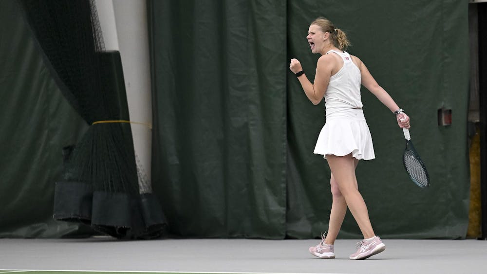 Oliwia Orlinska, a sophomore, celebrates after winning a point against Amara Brahmbhatt of Maryland at the MSU Tennis Complex on Sunday, April 12, 2026.