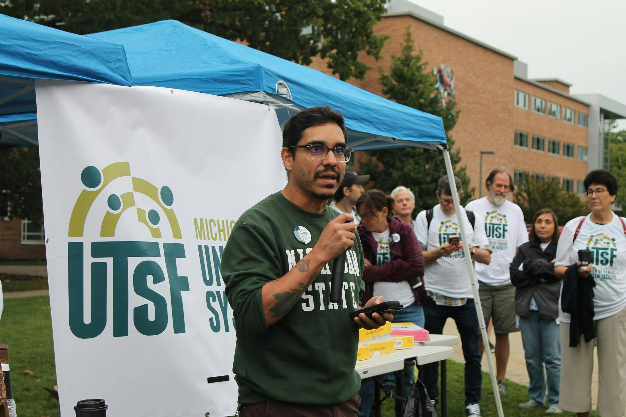 Computational Mathematics, Science and Engineering (CMSE), College of Engineering, College of Natural Science associate professor Danny Caballero speaks at UTSF press conference outside of Kellogg Hotel and Conference Center on September 6, 2024.
