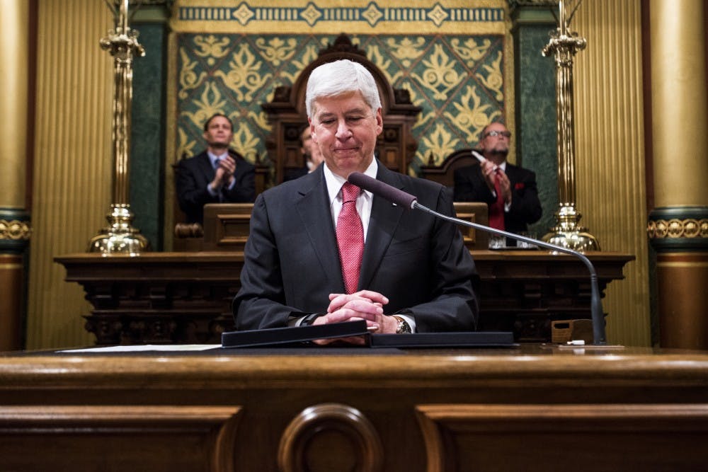 Gov. Rick Snyder addresses the audience on Jan. 17, 2017 during the State of the State Address at the Capitol in Lansing.