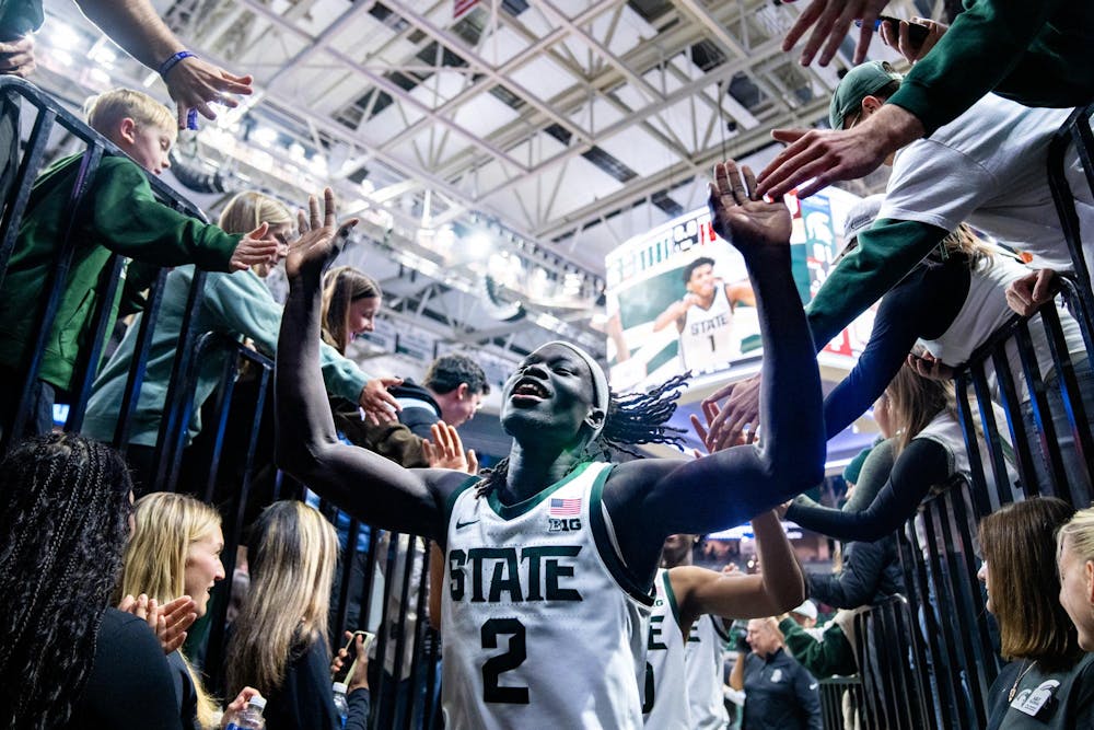 Michigan State Spartans guard Kur Teng (2) celebrates after an NCAA Division I basketball game between Michigan State and Indiana at the Breslin Center in East Lansing, Michigan, on Tuesday, Jan. 13, 2026.
