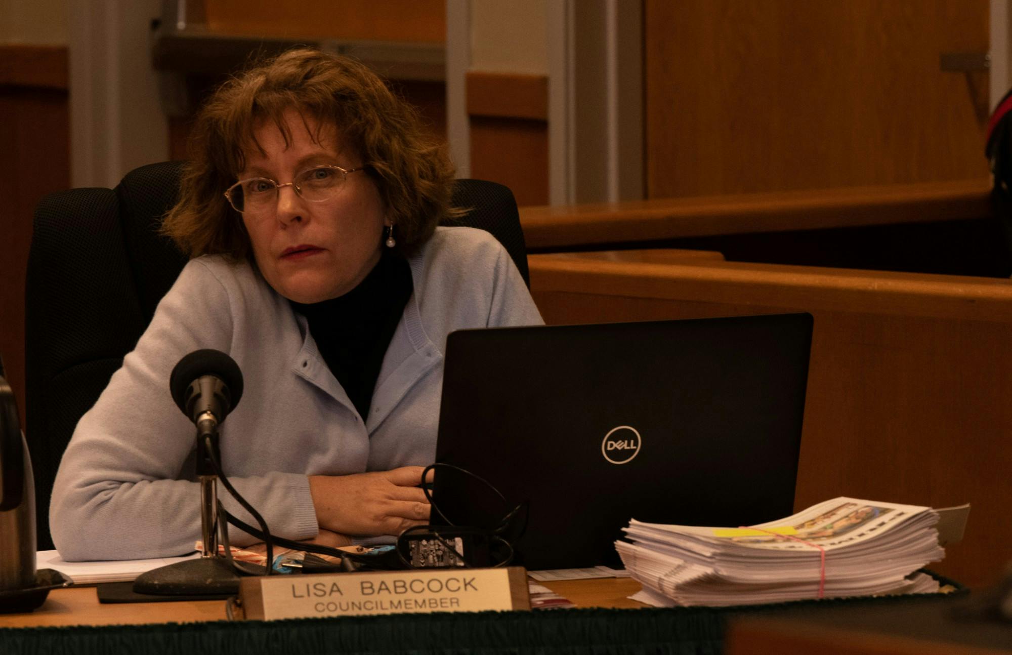 <p>Councilmember Lisa Babcock listens as her question is being answered during the city council discussion only meeting on Feb. 18, 2020.</p>