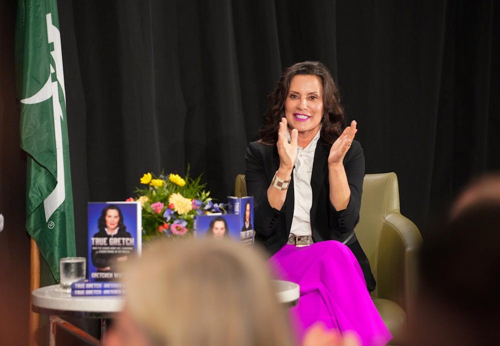 Gretchen Whitmer on stage during the MSU stop on her "True Gretch" book tour on July 23, 2024. 