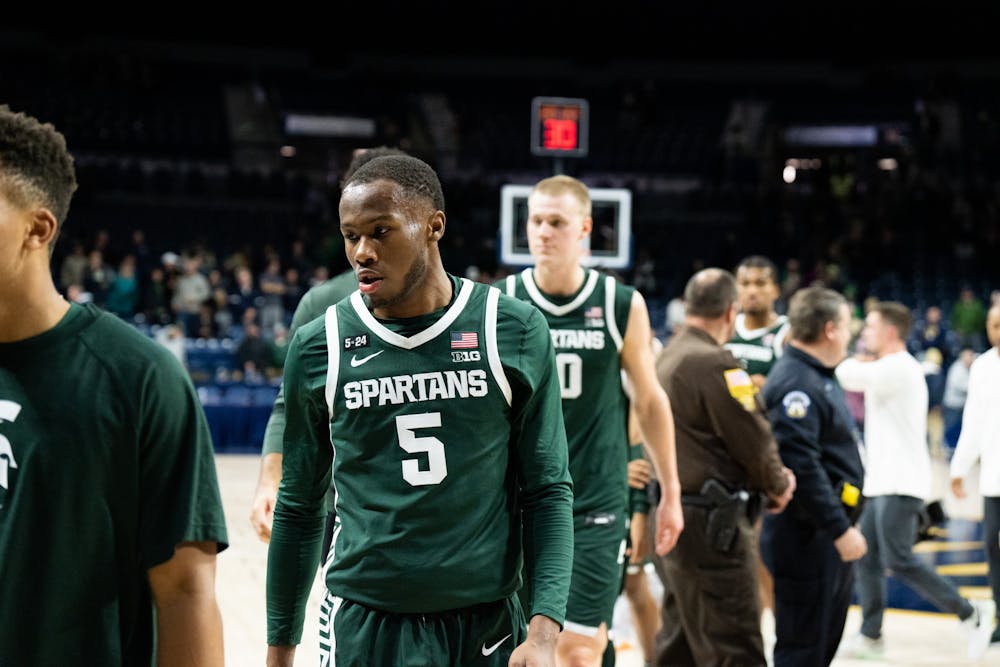 <p>MSU leaving the court after the Notre Dame v. MSU game held at the Joyce Center on November 30, 2022. The Spartans lost to the Fighting Irish 52 -70.</p>