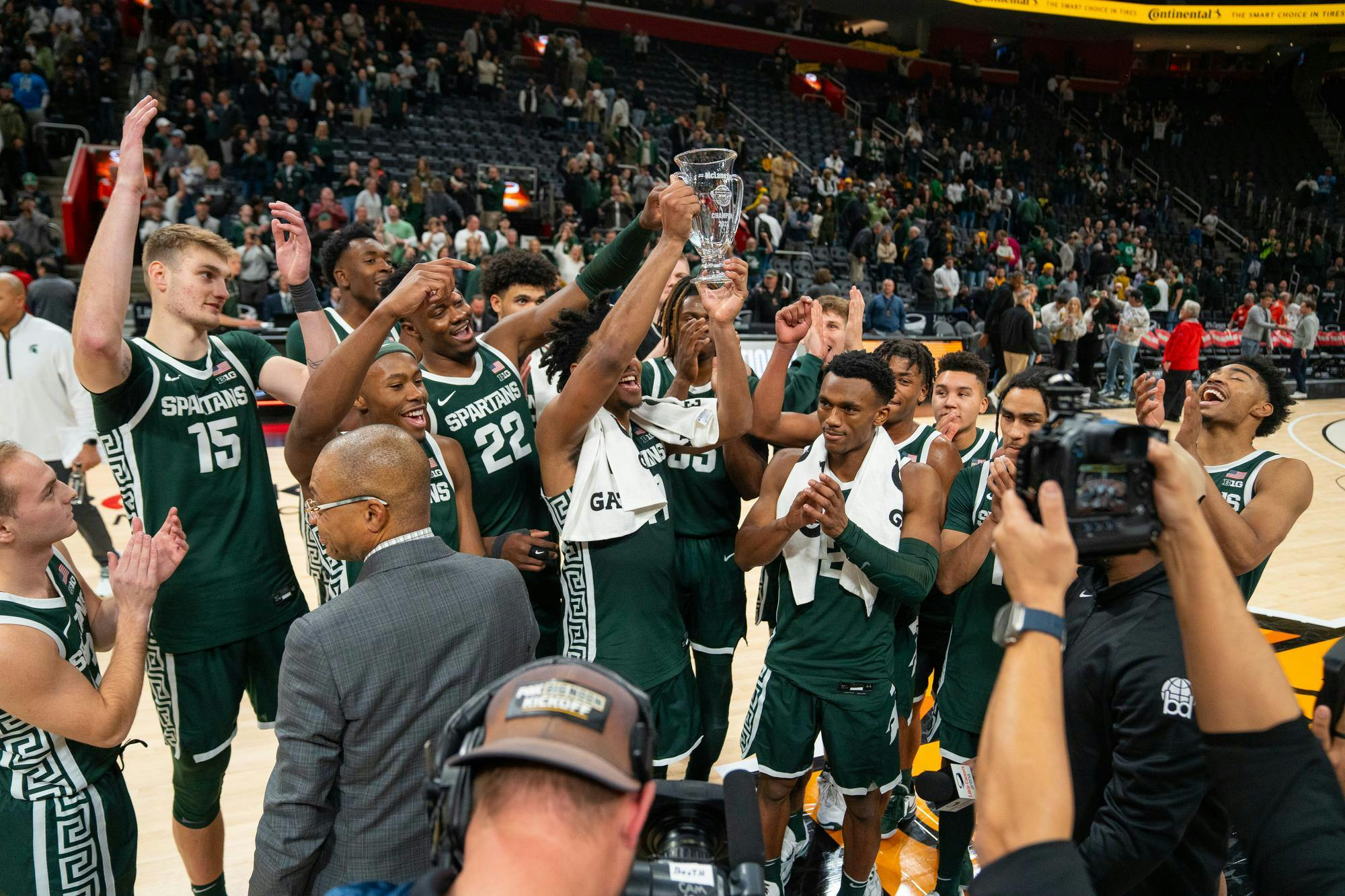 <p>The Spartans celebrate their victory against Baylor University at the Little Caesar’s Arena on Dec. 16, 2023. This is MSU’s first victory over a ranked opponent after starting the season ranked no. 4.</p>