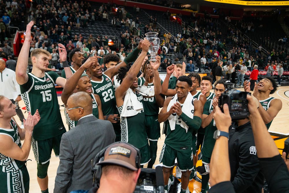<p>The Spartans celebrate their victory against Baylor University at the Little Caesar’s Arena on Dec. 16, 2023. This is MSU’s first victory over a ranked opponent after starting the season ranked no. 4.</p>