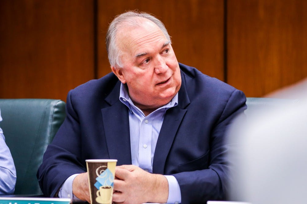 <p>Interim President John Engler speaks during the meeting on July 17, 2018, at the Hannah Administration Building. Photo by Matt Schmucker.&nbsp;</p>