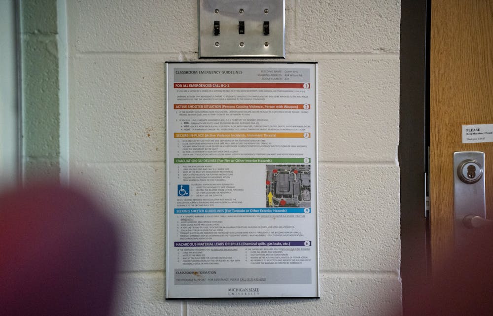<p>A Classroom Emergency Guidelines sign in a classroom in the Communication, Arts and Sciences building. They are up on the walls in all classrooms on campus. Photographed on April 5, 2023. </p>