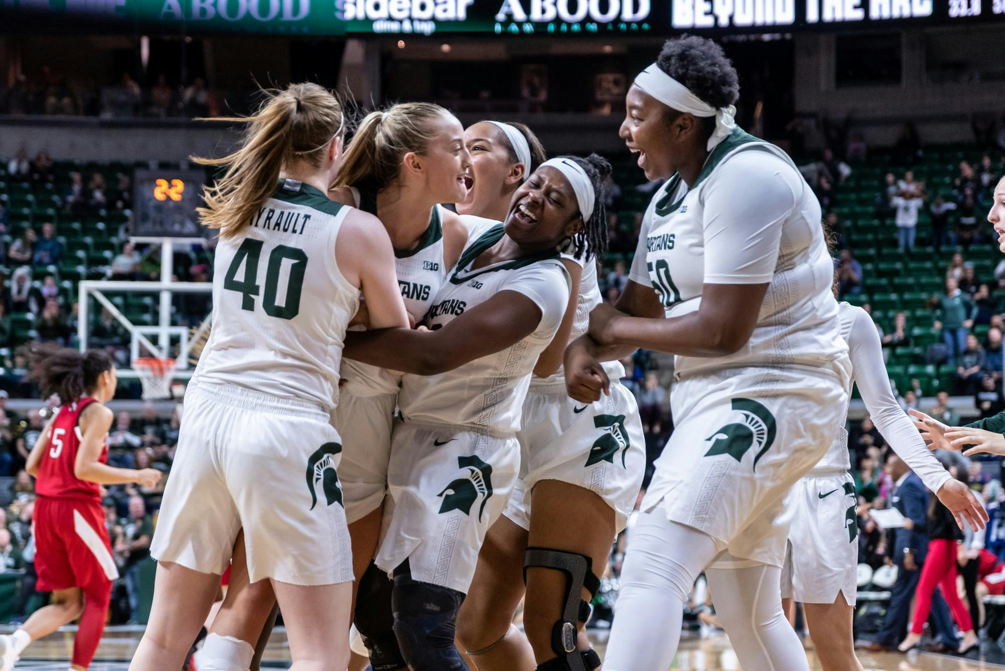 <p>The MSU women’s basketball team celebrates coming back against Nebraska. The Spartans defeated the Cornhuskers, 78-70, at the Breslin Student Events Center on Dec. 31, 2019.</p>