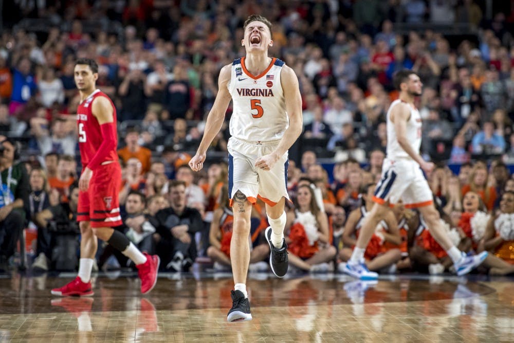 Virginia guard Kyle Guy (5) expresses emotion during the overtime of the NCAA Tournament Championship game between Texas Tech and Virginia at U.S. Bank Stadium in Minneapolis on April 8, 2019. Virginia defeated Texas Tech in overtime 85-77. (Nic Antaya/The State News)