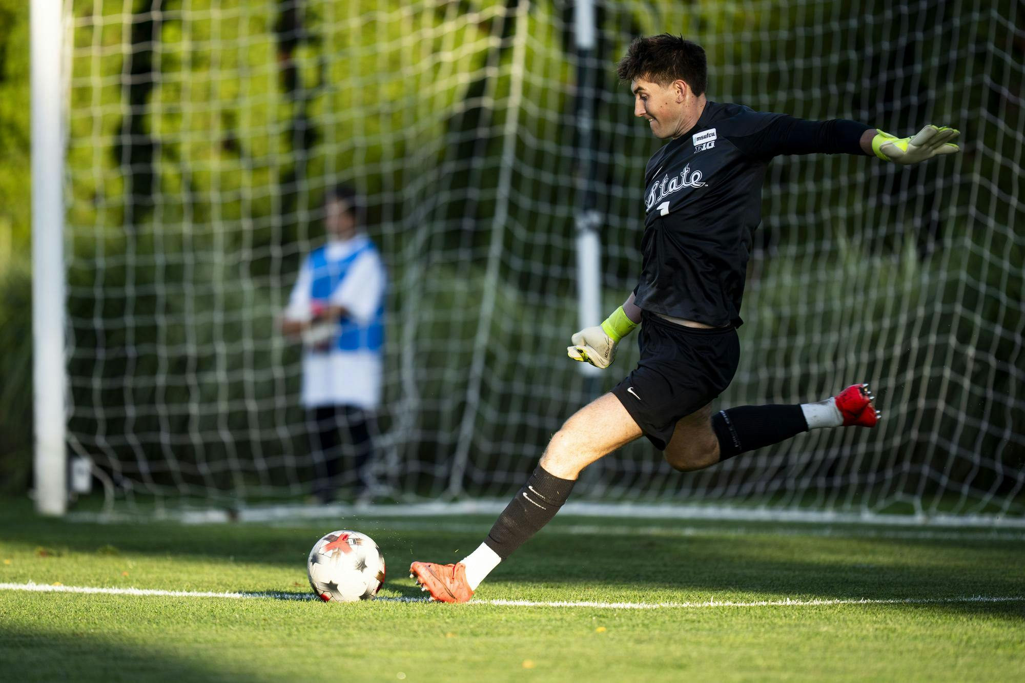 <p>Michigan State junior goalkeeper Jake Grekowicz (1) kicks the ball during a match against University of Pittsburgh at DeMartin Stadium in East Lansing, Mich., on Thursday, Sept. 3, 2026.</p>