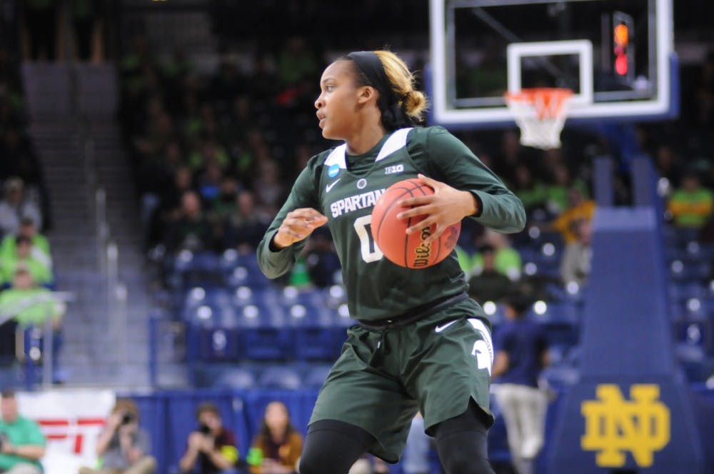 <p>Michigan State junior guard Shay Colley dribbles up court in Round 1 of the 2019 NCAA tournament</p>