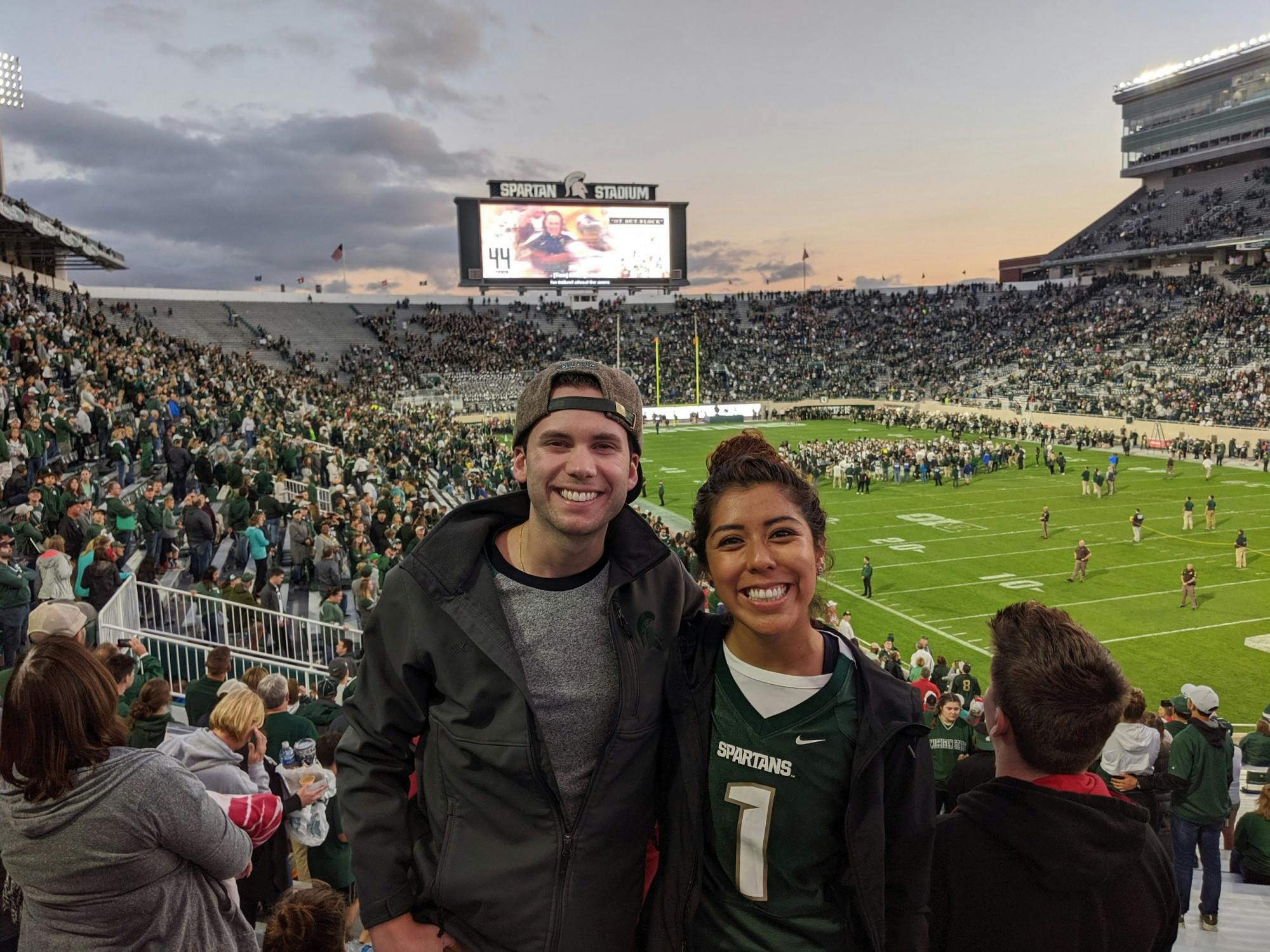 <p>MSU alumni Adam Brandt and Jess Hernandez at Spartan Stadium. </p>