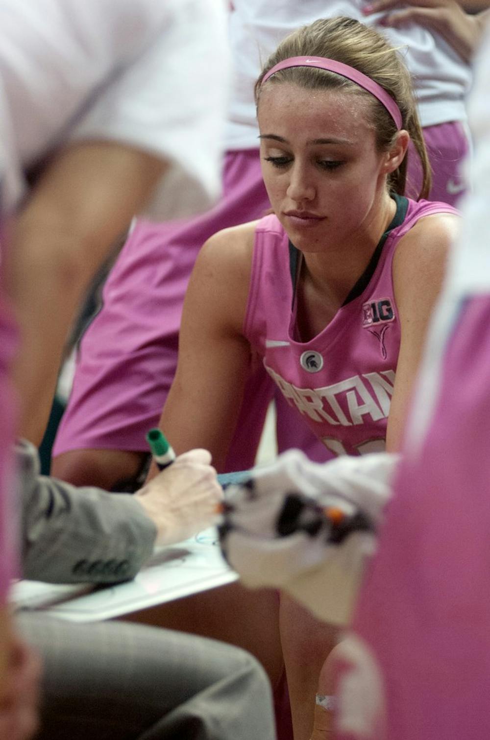 	<p>Senior forward Annalise Pickrel looks at head coach Suzy Merchant&#8217;s whiteboard during a time out Feb. 15, 2014, during the game against Ohio State at Breslin Center. The Spartans defeated the Buckeyes, 70-49. Julia Nagy/The State News</p>