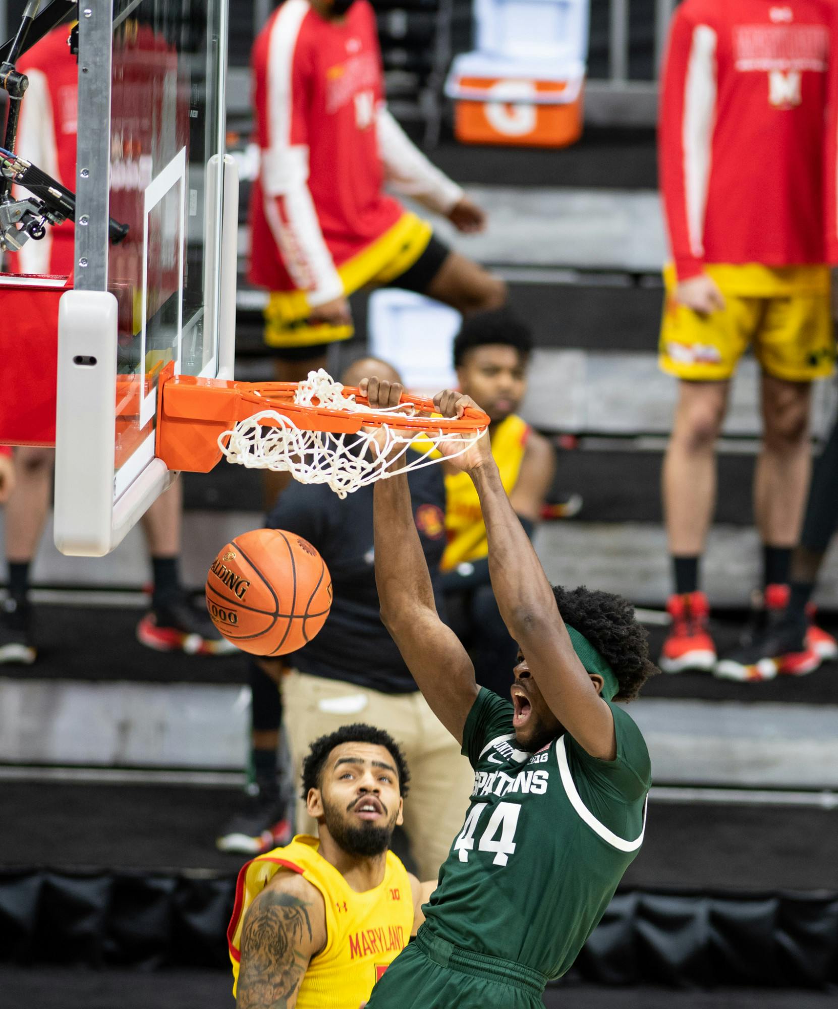 <p>MSU forward Gabe Brown (44) dunks in the Big Ten basketball tournament during the game against Maryland on March 11, 2020.</p>