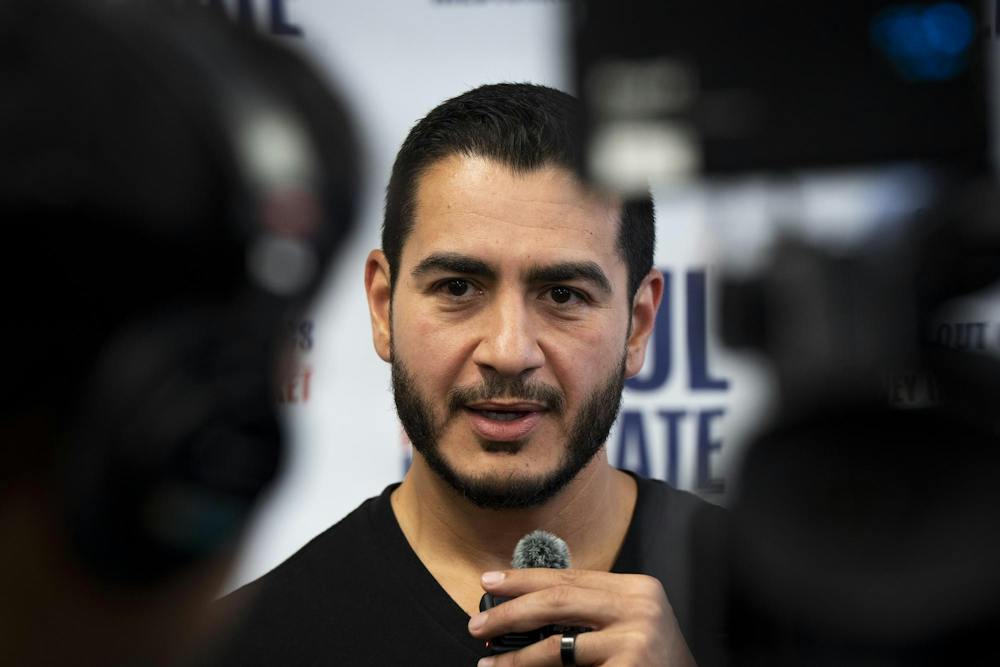 Abdul El-Sayed, democratic candidate for Michigan U.S. Senate, speaks with press after a rally at the Student Union in East Lansing, Michigan, Sept. 11, 2026.