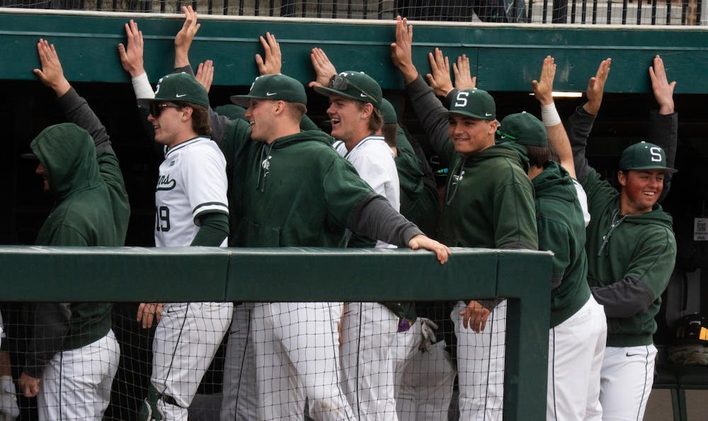 <p>Michigan State players celebrate in McLane Stadium on April 19, 2025.</p>