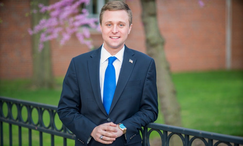 <p>MSU alumnus Sam Olsen poses for a photo on April 28, 2017 at Olin Health Center. Olsen has made plans to run for the Novi City Council.</p>